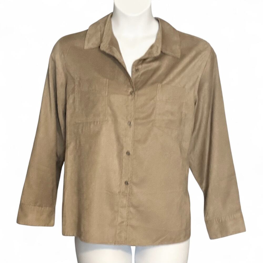 Chico's Button Up Shacket Western Shirt Size XL Brown Faux Suede Chest Pockets